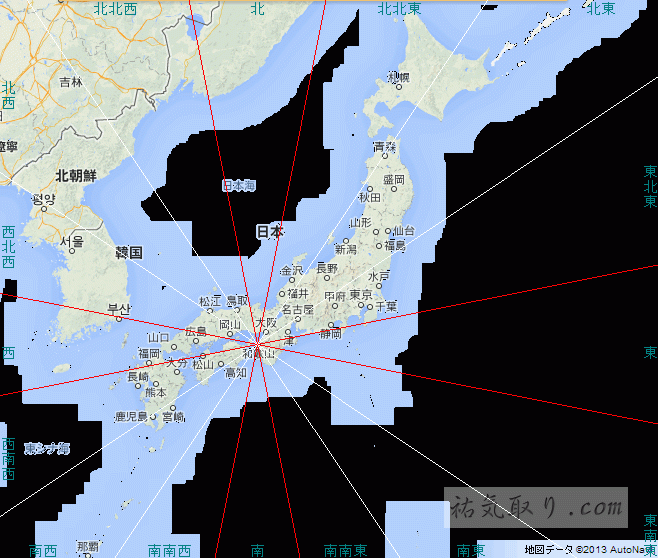 和歌山から見た吉方位地図（全国版）