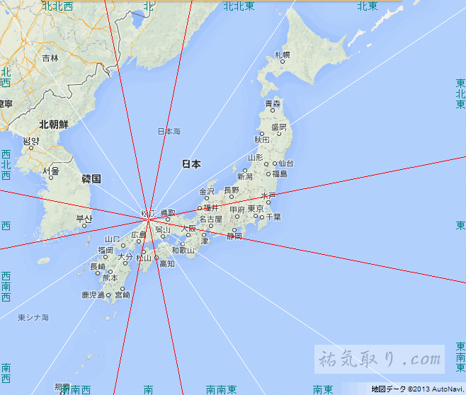 島根から見た吉方位地図（全国版）