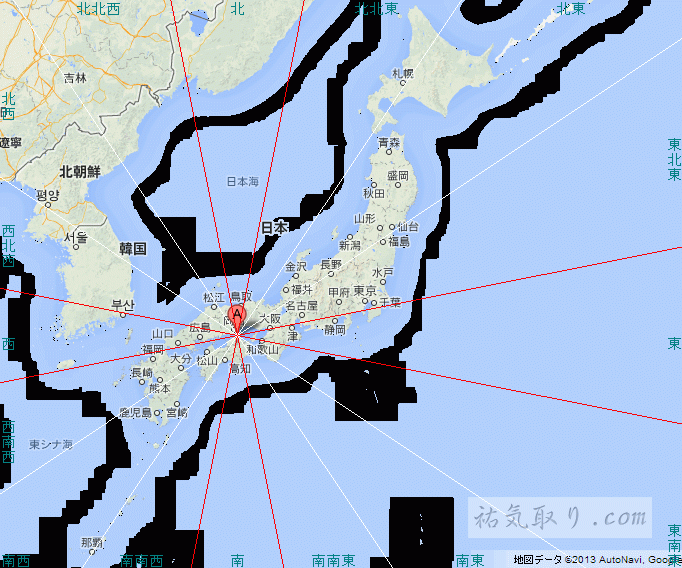 香川県から見た吉方位地図（全国版）