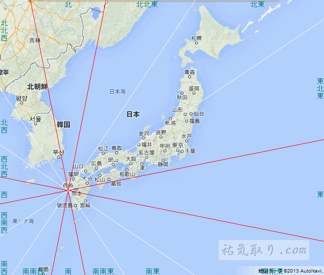 長崎から見た吉方位地図（全国版）