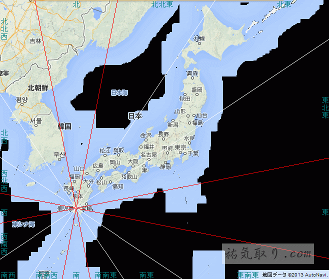鹿児島から見た吉方位地図（全国版）